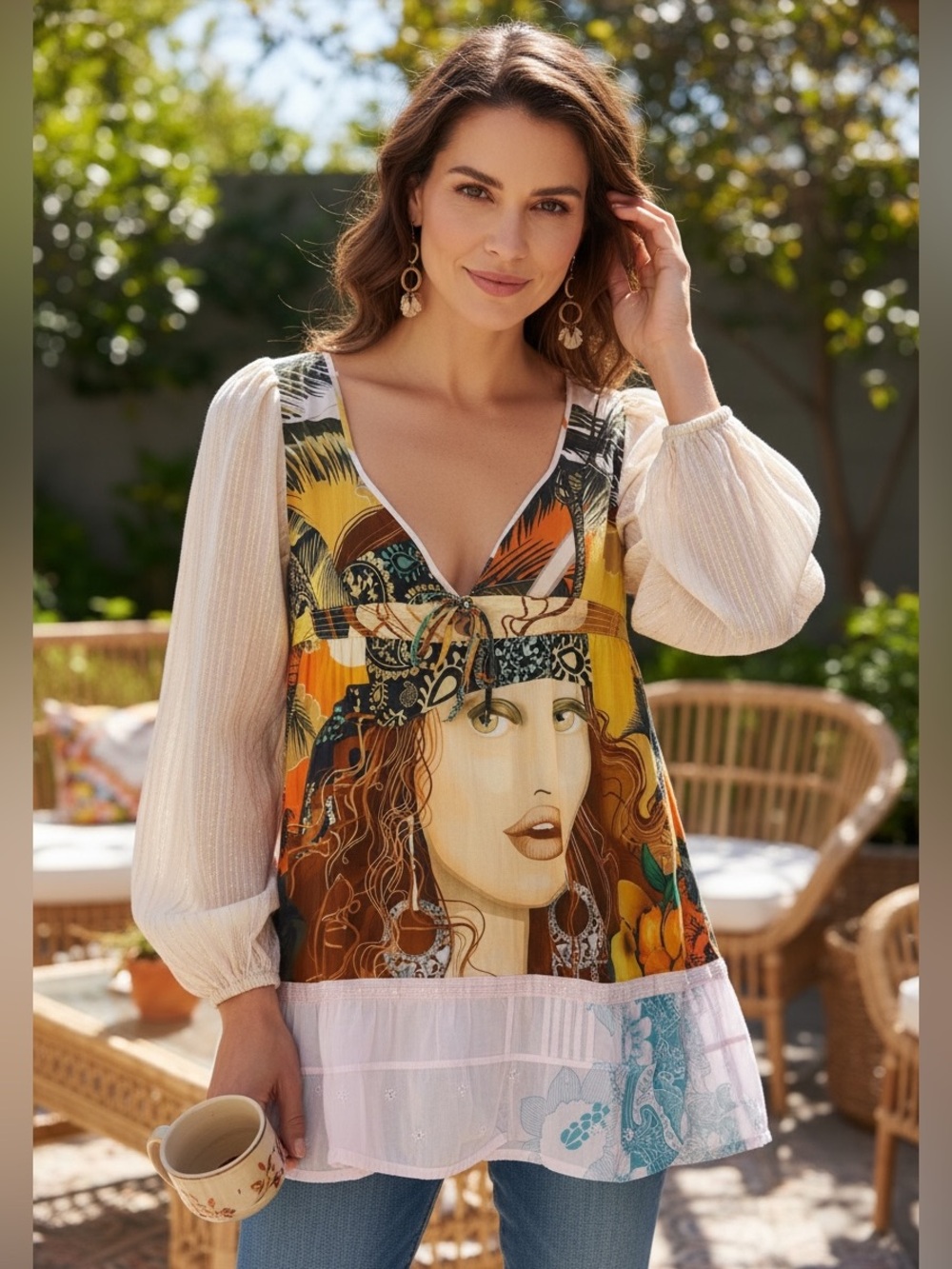 Custo Barcelona Cotton Blend Mixed Print Tunic Top Size 4